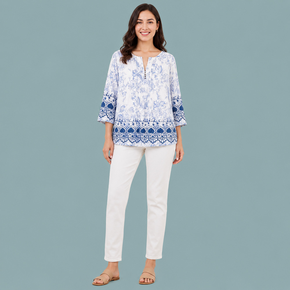 Soft Surroundings Size 3X White Blue Floral Nimes Embroidered Cotton Tunic Top